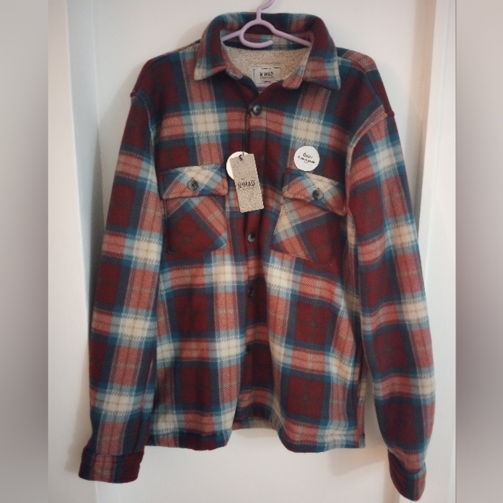NoMad By Craft + Flow Men's Rum Plaid Sherpa Lined Polar Fleece Shacket Size L